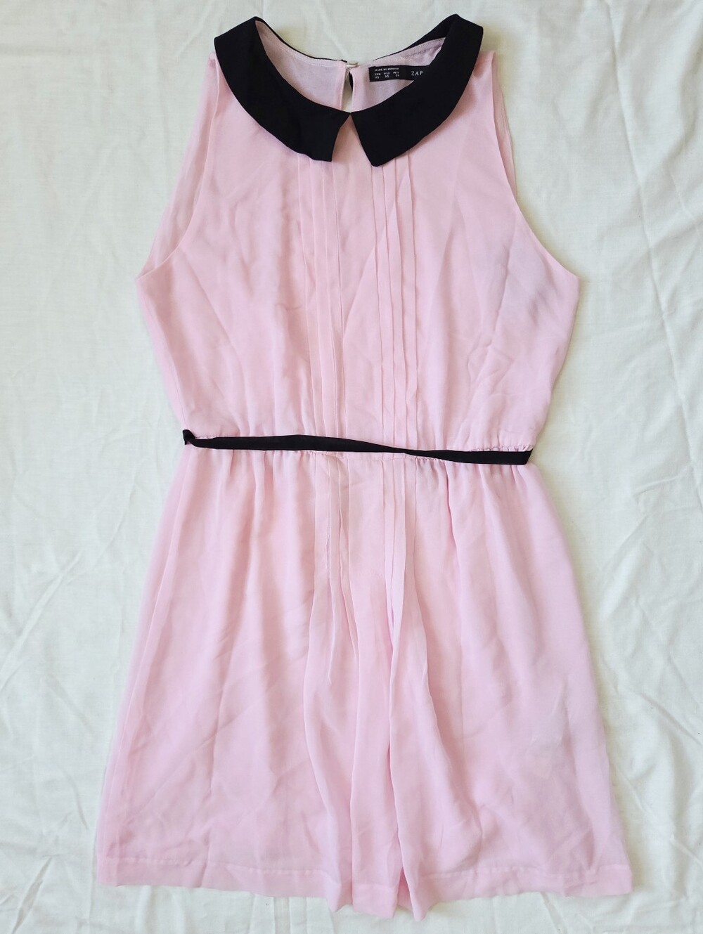 Zara Pink Sleeveless Peter Pan Collar Dress with Black Contrast Collar Tie Waist